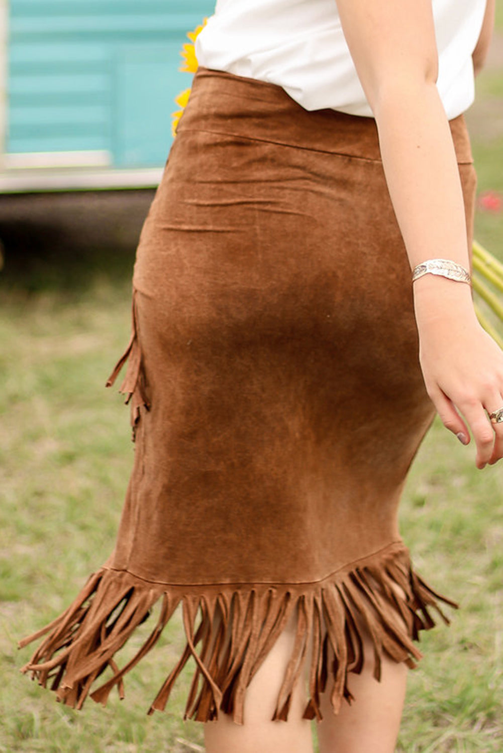 Brown Fringe Asymmetric Wrap Suede Midi Skirt