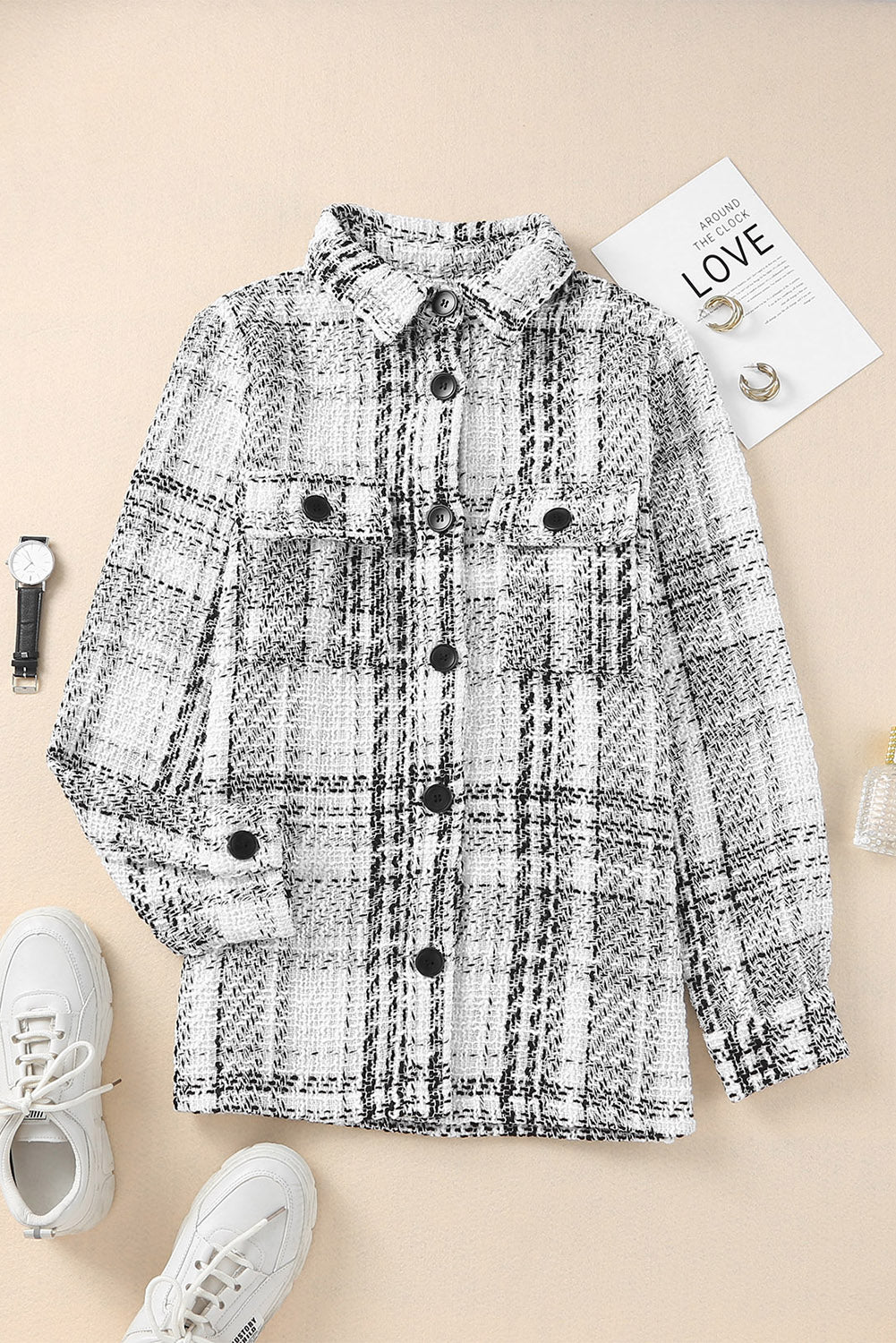 White Plaid Print Pocketed Shirt Jacket