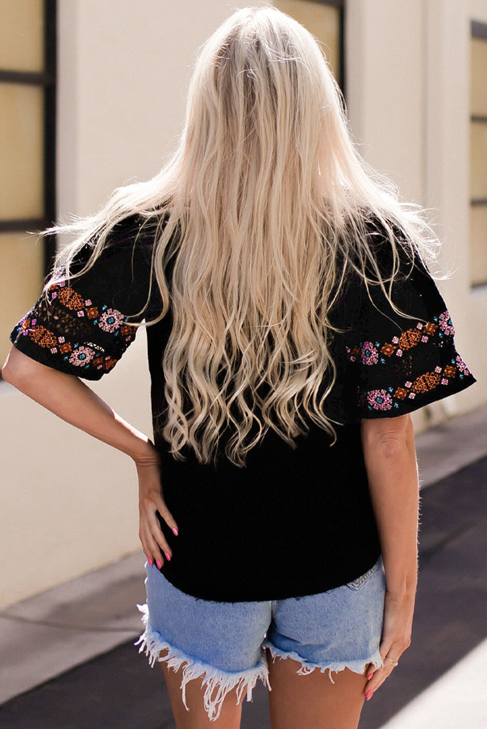 Beige Tassel Drawstring Embroidered Half Sleeve V Neck Top