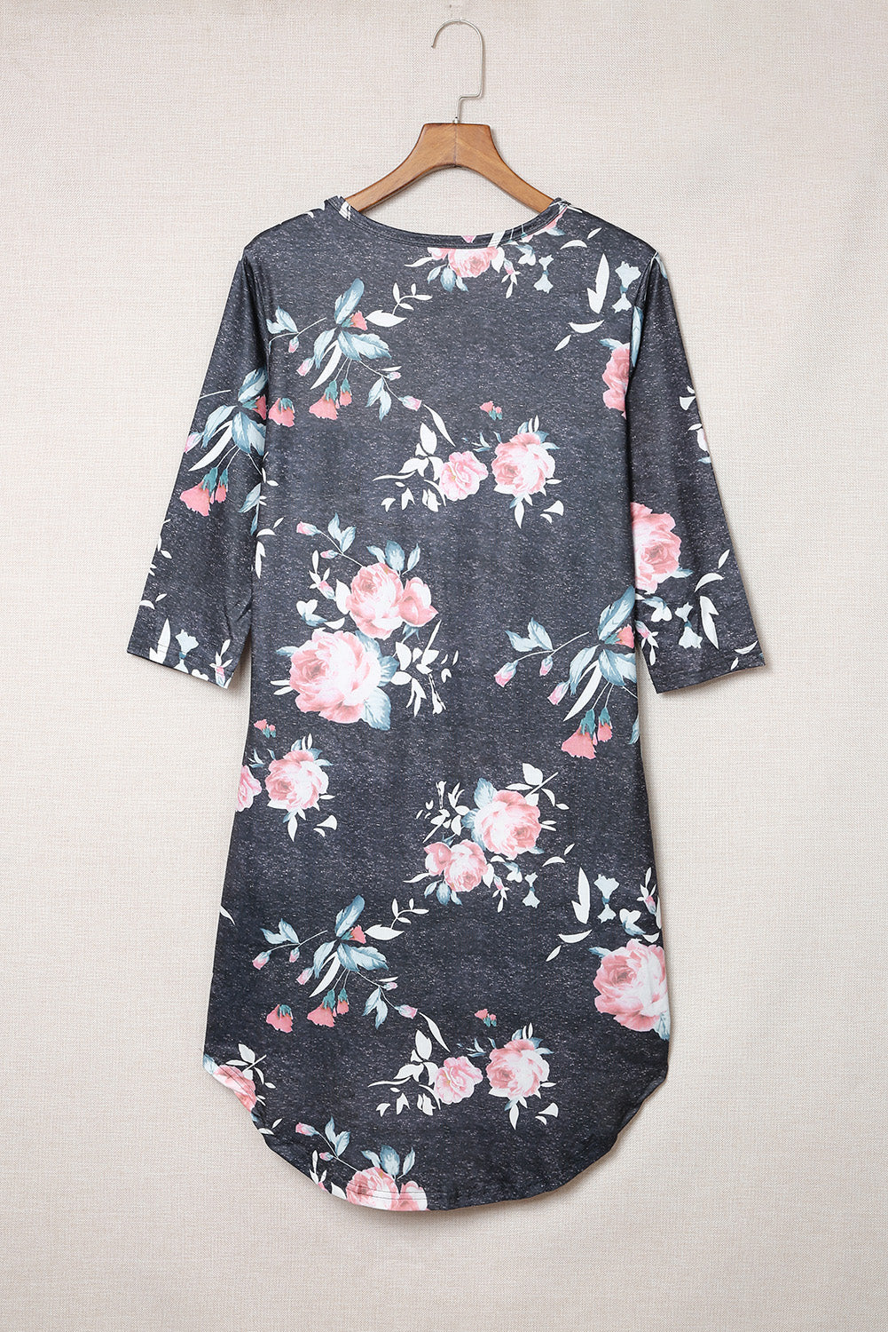 Gray Vintage Floral 3/4 Sleeves T-shirt Dress