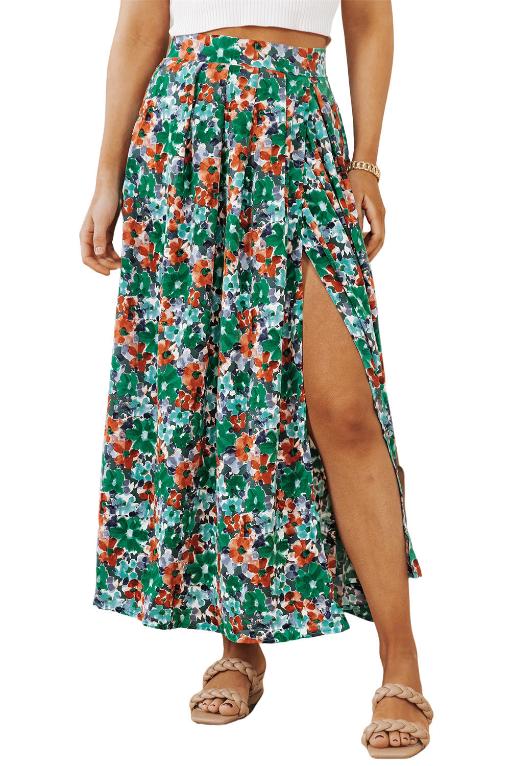 Green Floral Print Pleated Slit Skirt