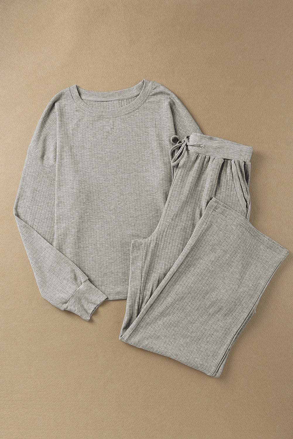 Gray Ribbed Drop Shoulder Pullover and Pants Lounge Set