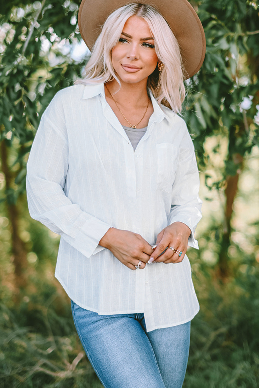 White Textured Buttons Pocketed Shirt