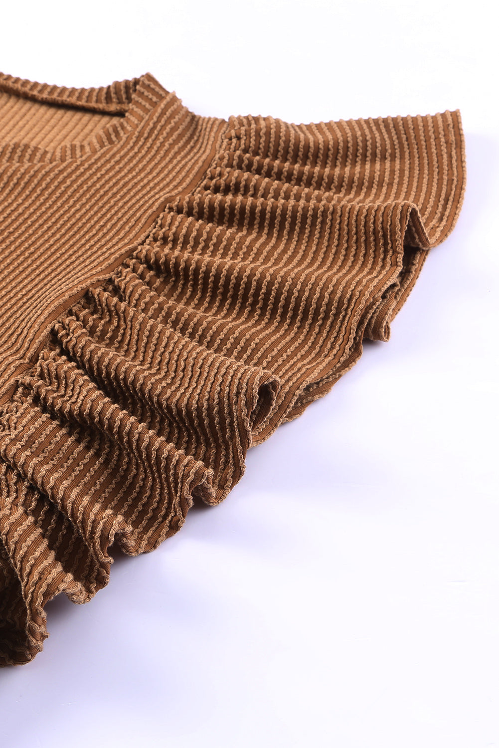 Brown Ribbed Knit Ruffled Short Sleeve T Shirt