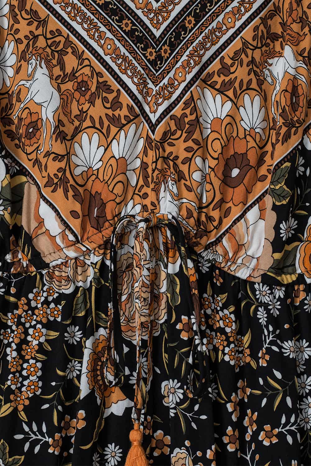 Black Retro Boho Floral Tassel Tie Maxi Dress