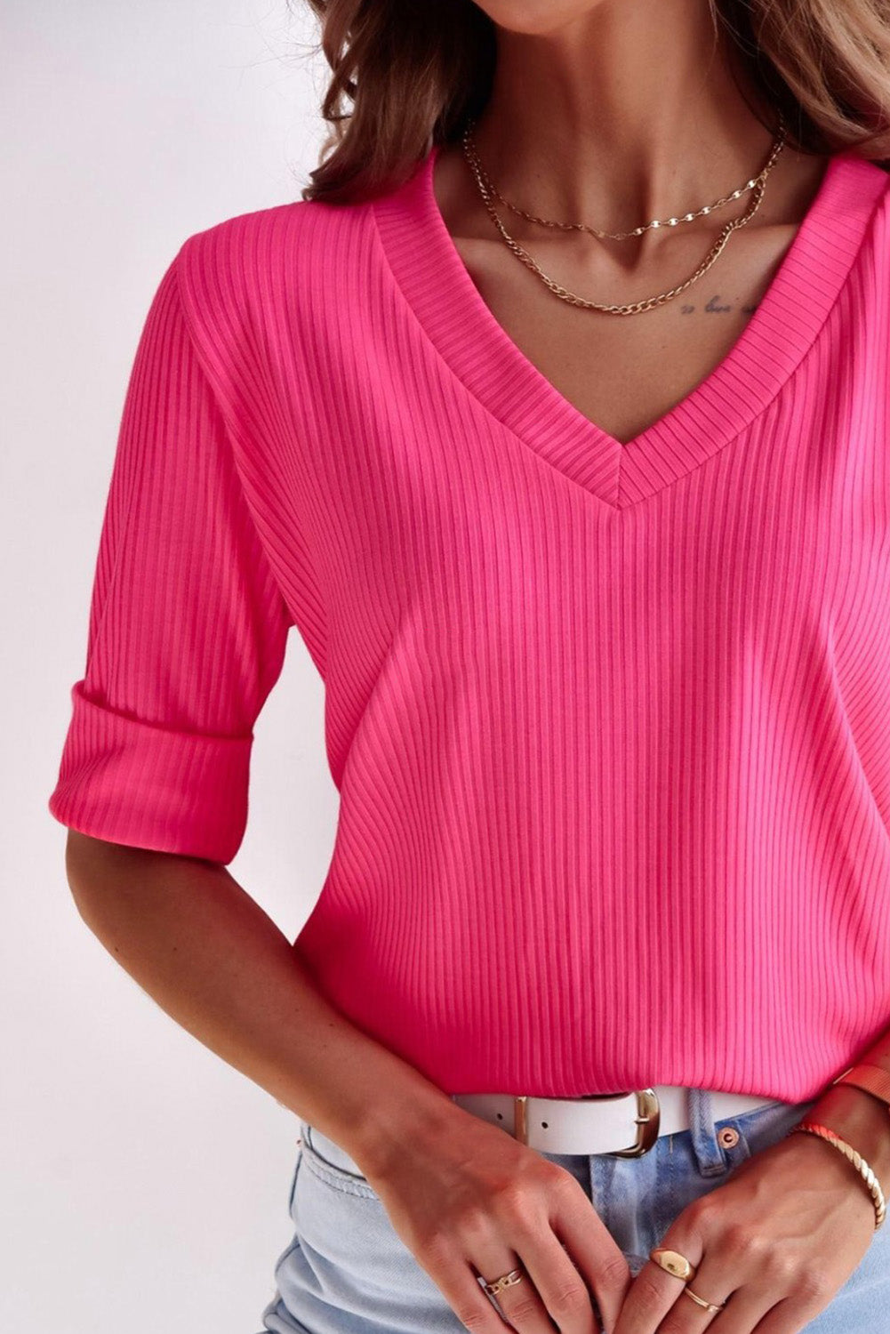 Rose Ribbed V Neck Rolled Short Sleeve T Shirt