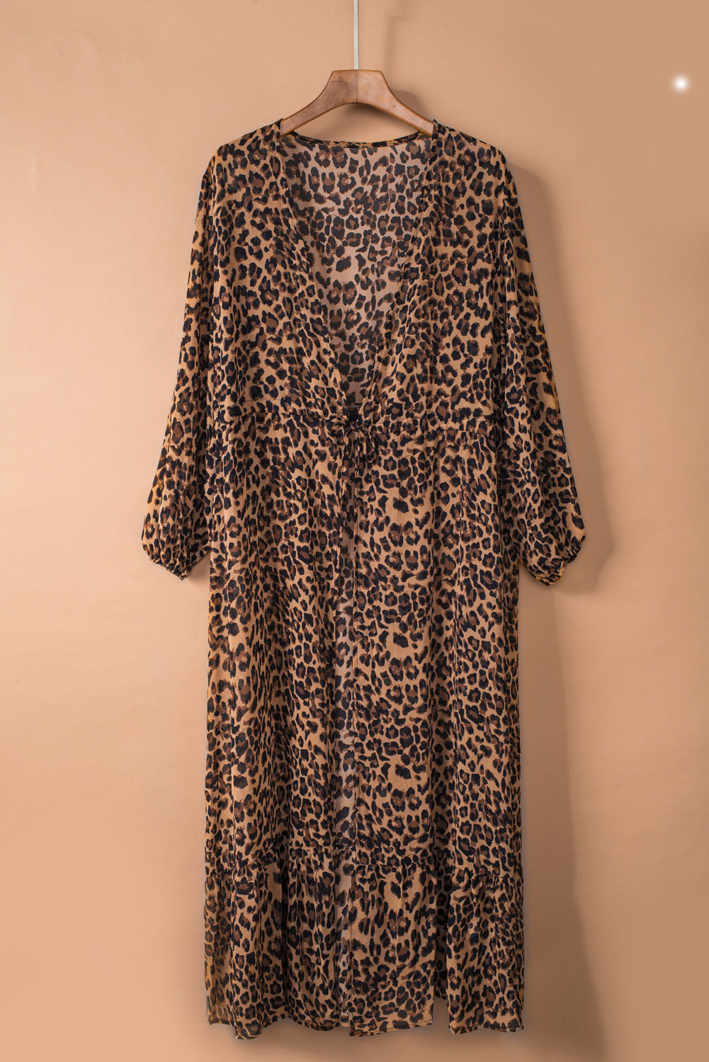 Leopard Print Tie Waist Open Front Kimono Beach Cover Up