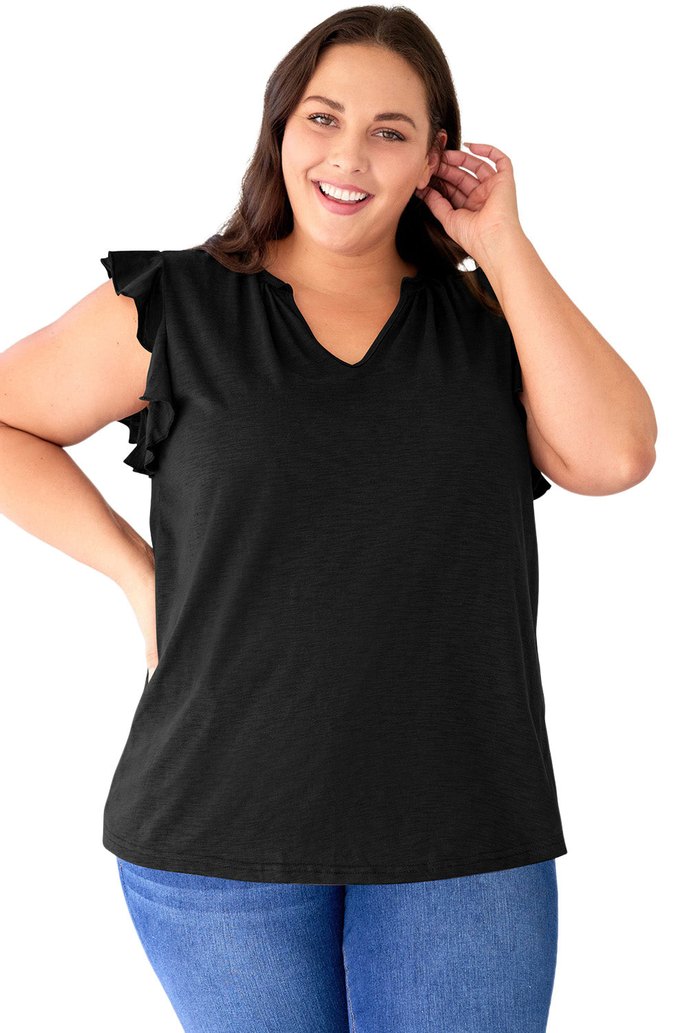 Black V Neck Ruffle Sleeve Plus Size Top