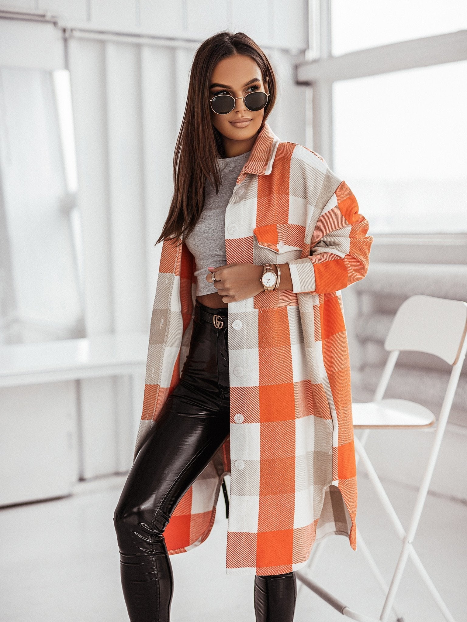 Autumn Winter Long Sleeve Color Plaid Brushed Woolen Long Coat for Women