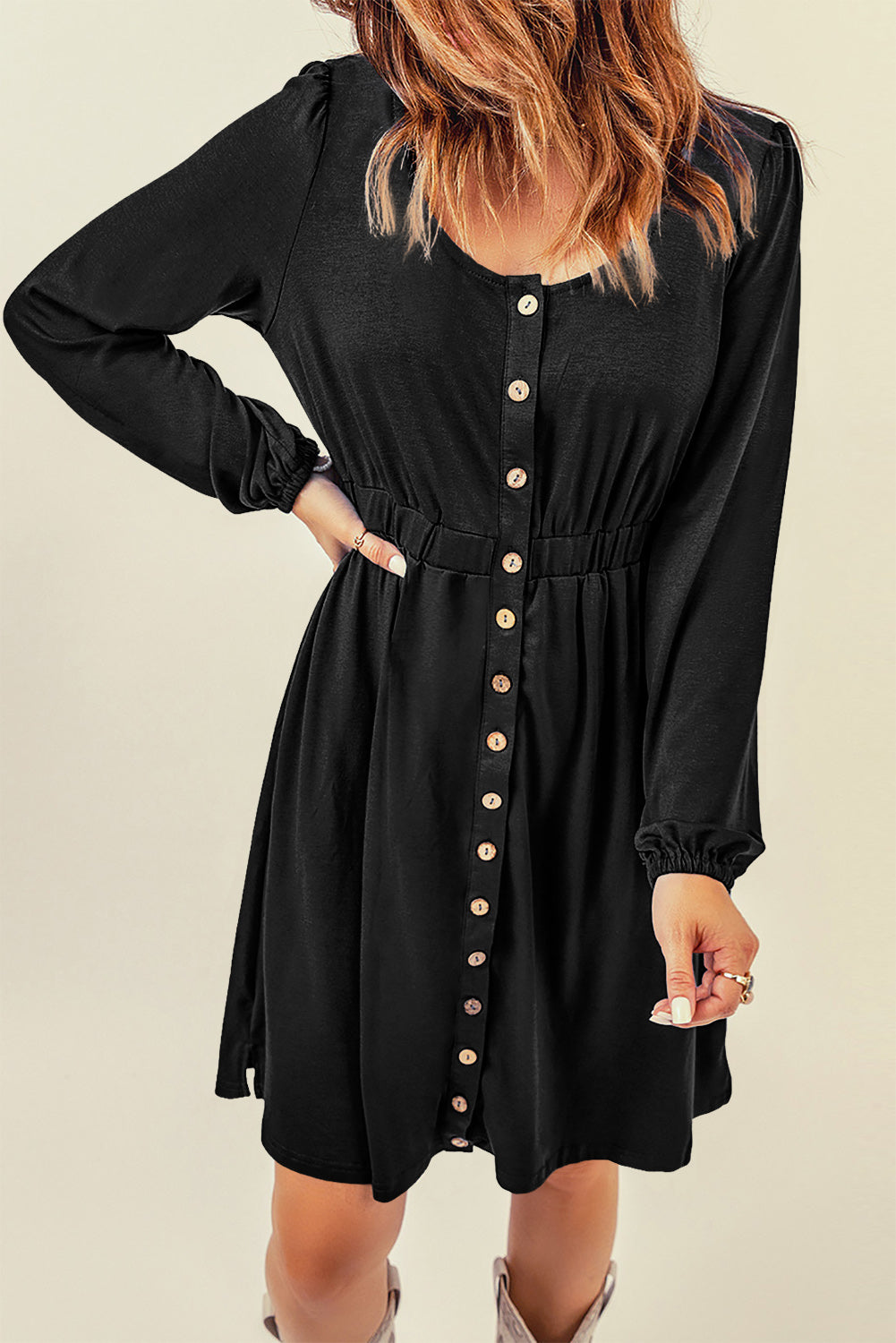 Red Button Up High Waist Long Sleeve Dress