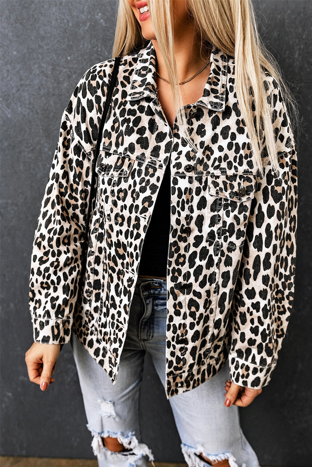 Leopard Print Button up Denim Jacket