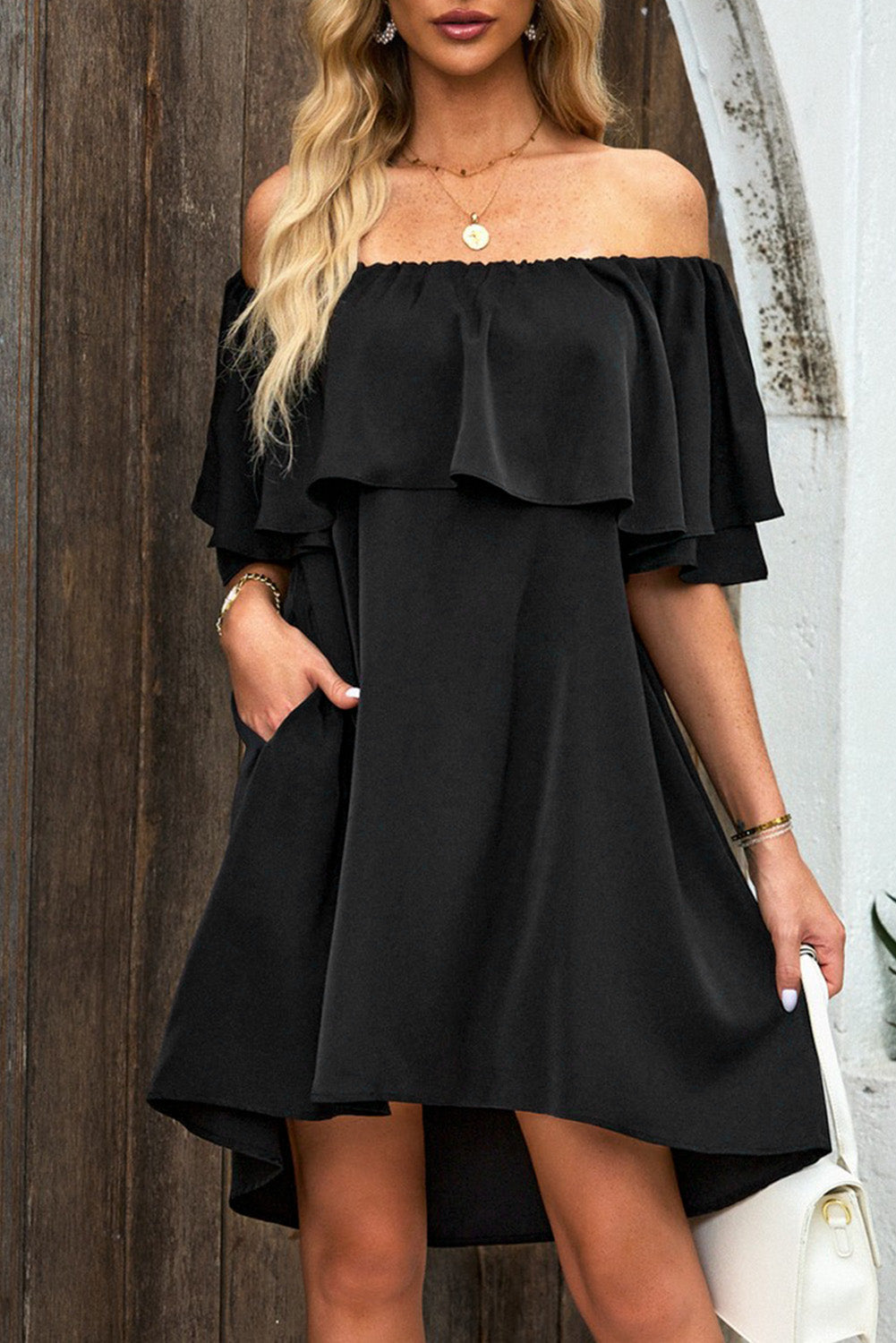 Black Off The Shoulder Ruffle Casual Shift Dress