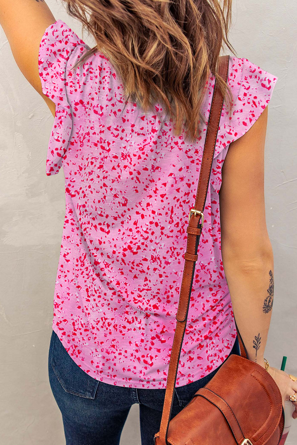 Pink Split Neck Ruffle Sleeve Leopard Print Tank Top