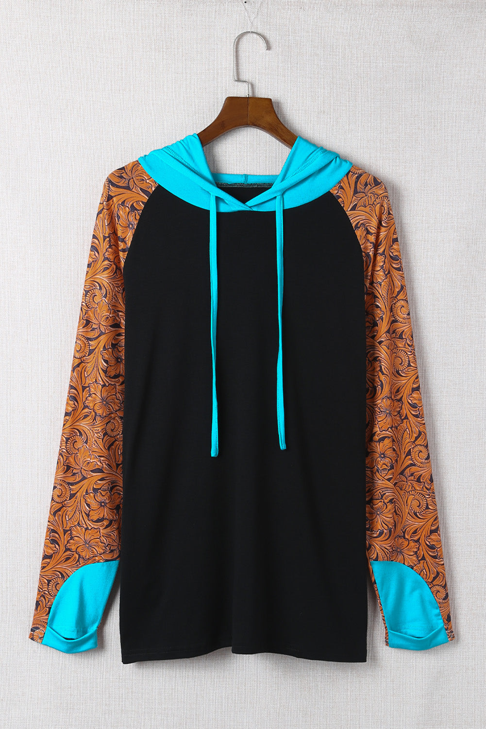 Black Western Print Color Block Plus Size Hoodie