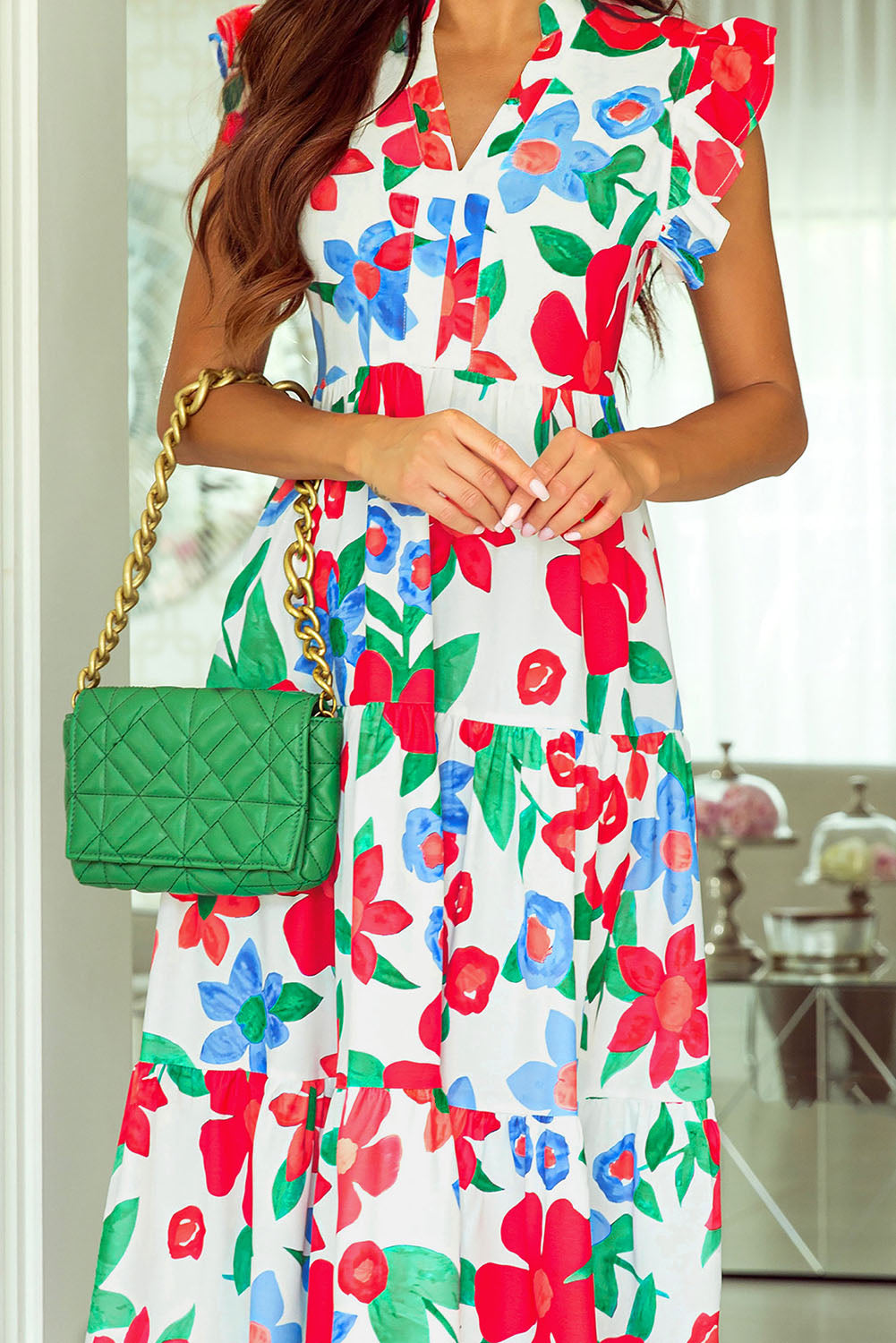 Multicolor Flutter Sleeve V Neck High Waist Floral Midi Dress