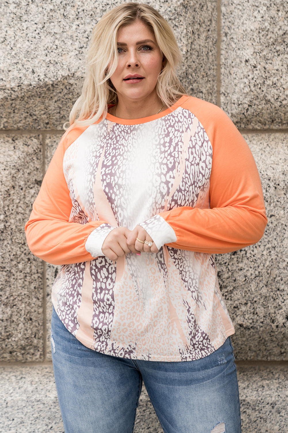 Orange Snakeskin Print Raglan Long Sleeve Plus Size Top