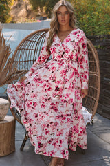 Pink Wrap V Neck Floral Maxi Dress