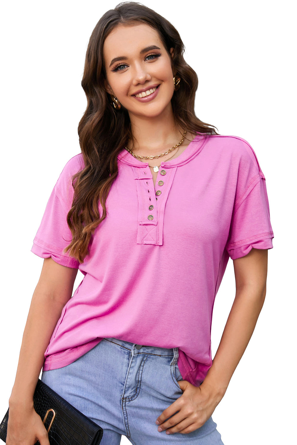 Rose Raw Edge Button Henley Top