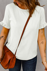 White Solid Ruffled Short Sleeve T-shirt