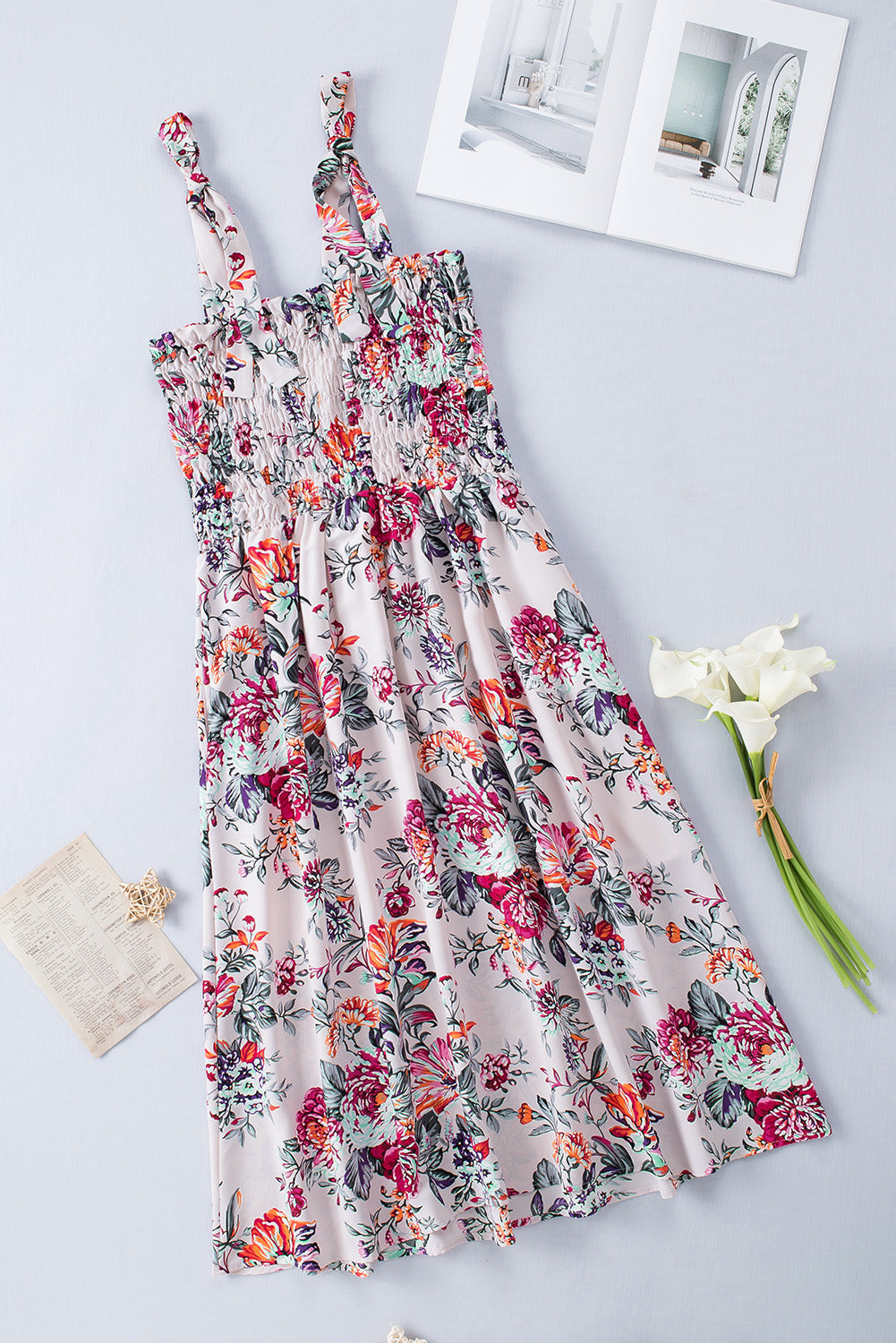 Sky Blue Tie Straps Smocked Floral Dress