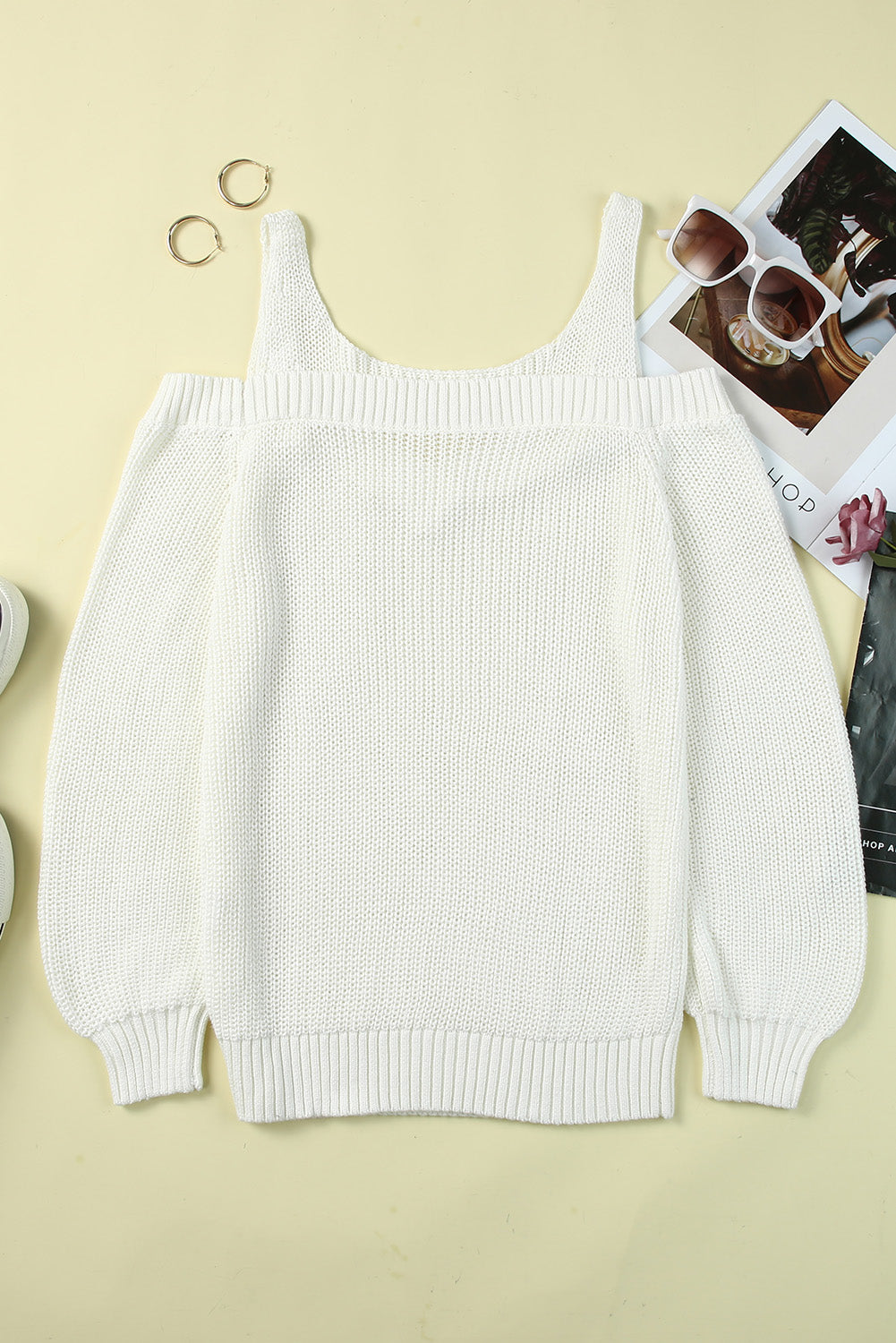 White Dew Shoulder Knitted Sweater