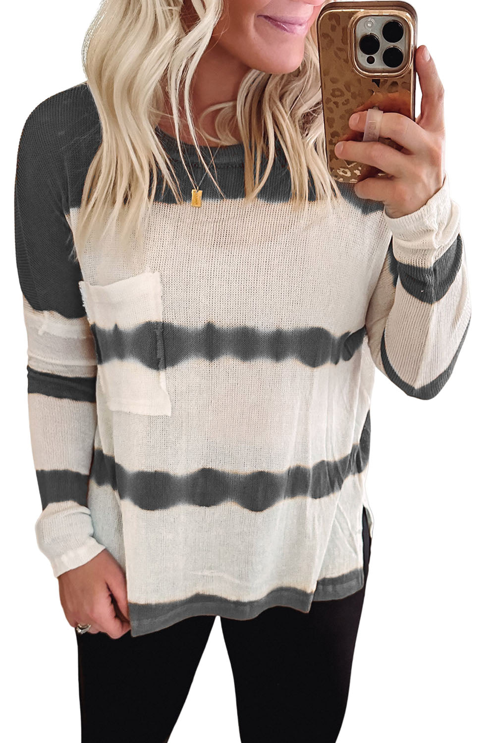 Gray Tie Dye Striped Loose Knitted Long Sleeve Top with Slits