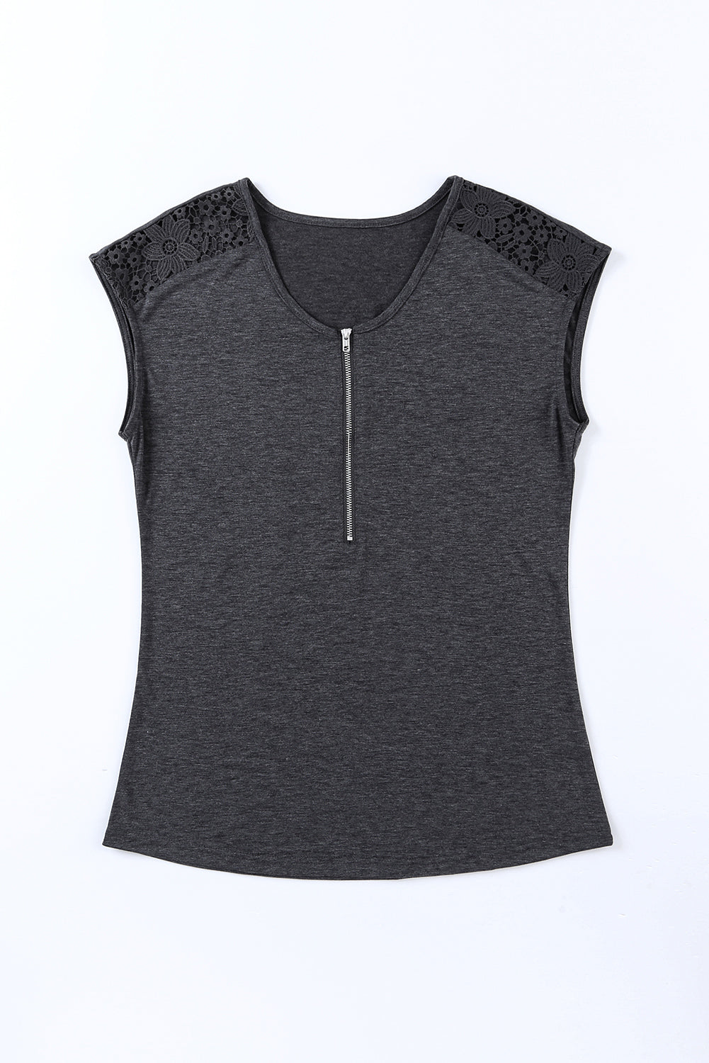 Gray Zip Neck Lace Splicing Tee