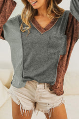 Brown V Neck Color Block Patchwork Loose Pullover