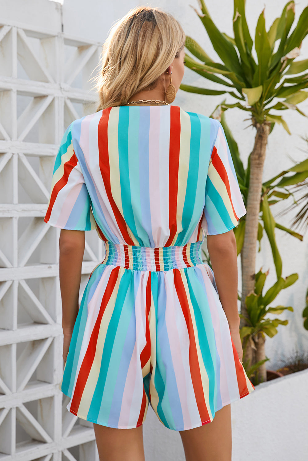 Multicolor Stripe Print Tie V Neck Flowy Romper