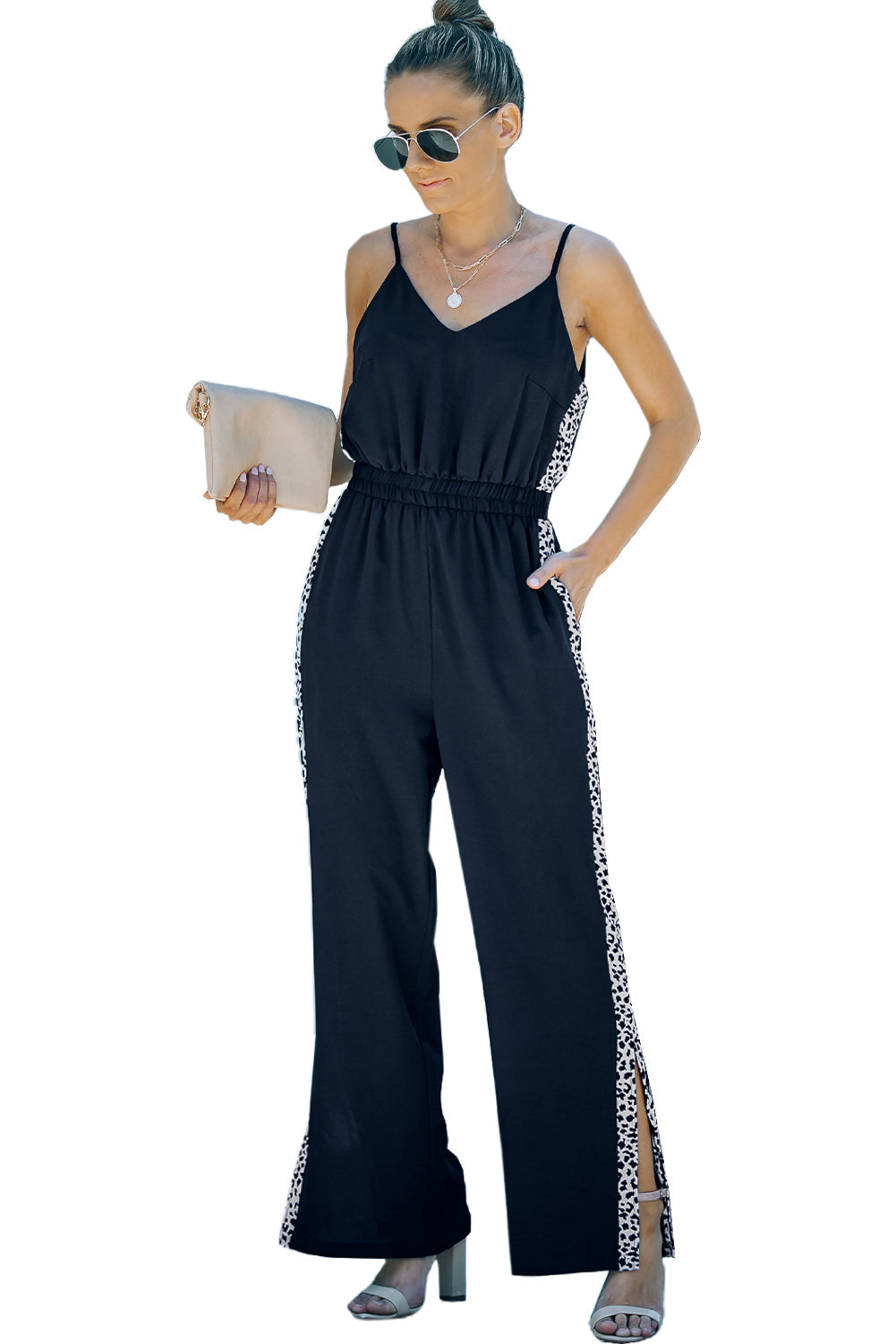 Black Leopard Patchwork Spaghetti Strap Wide Leg Jumpsuit