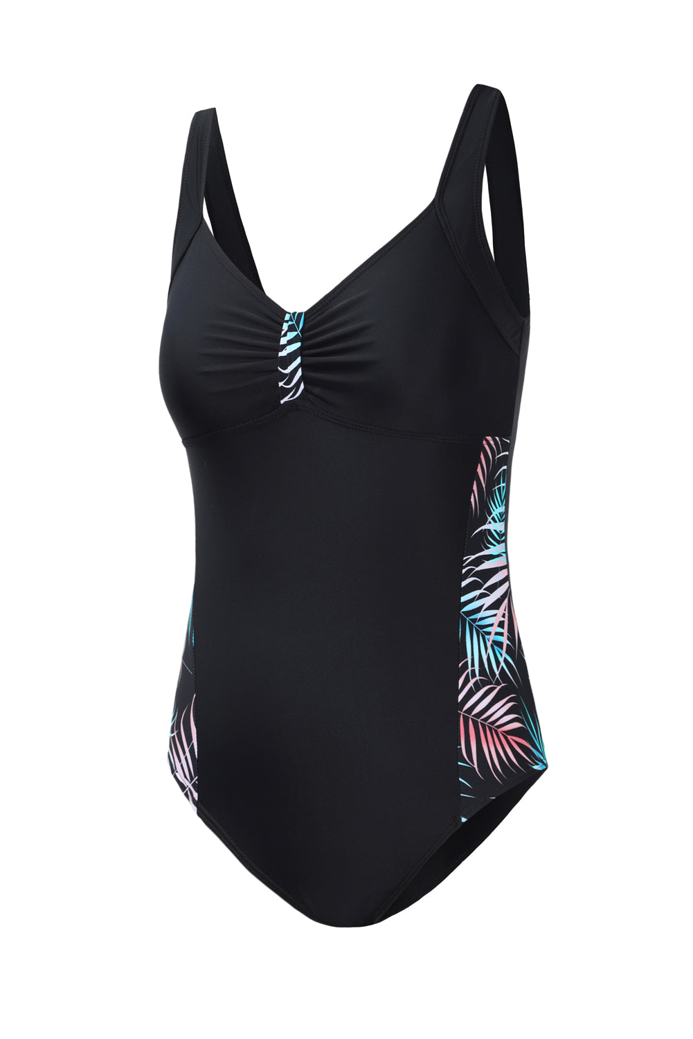 Leaves Splicing Ruched Front Open Back One-piece Swimsuit