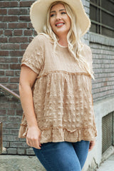 Khaki Plus Size Crinkle Textured Ruffle Trim Babydoll Top