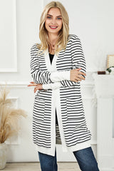 White Striped Side Pockets Open Front Cardigan