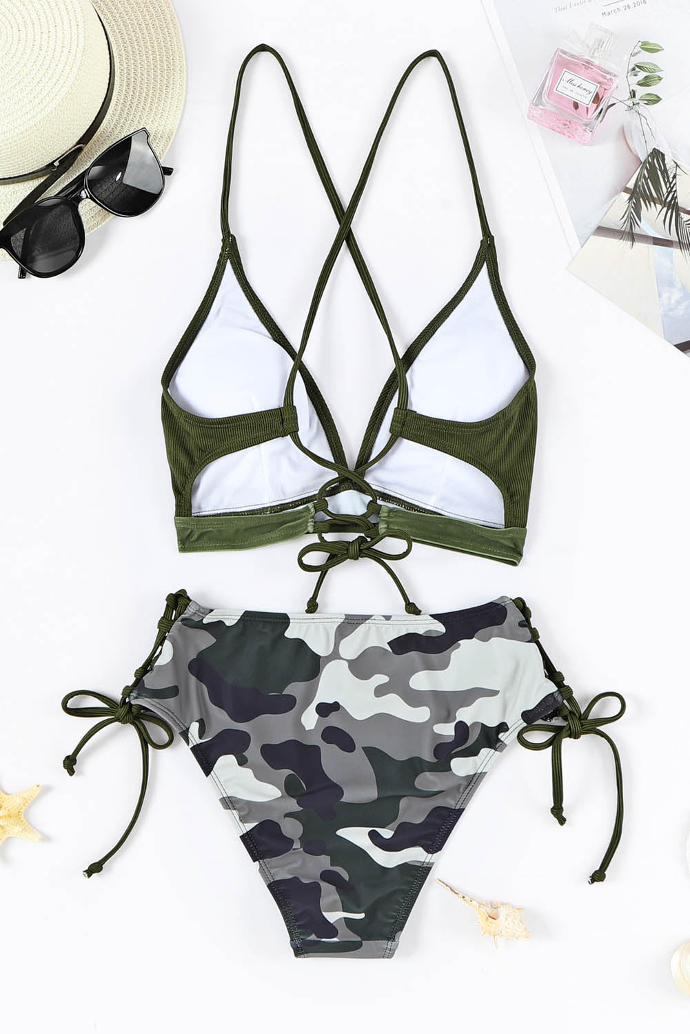 Green Ribbed Halter Camo Lace up Bikini Swimsuit