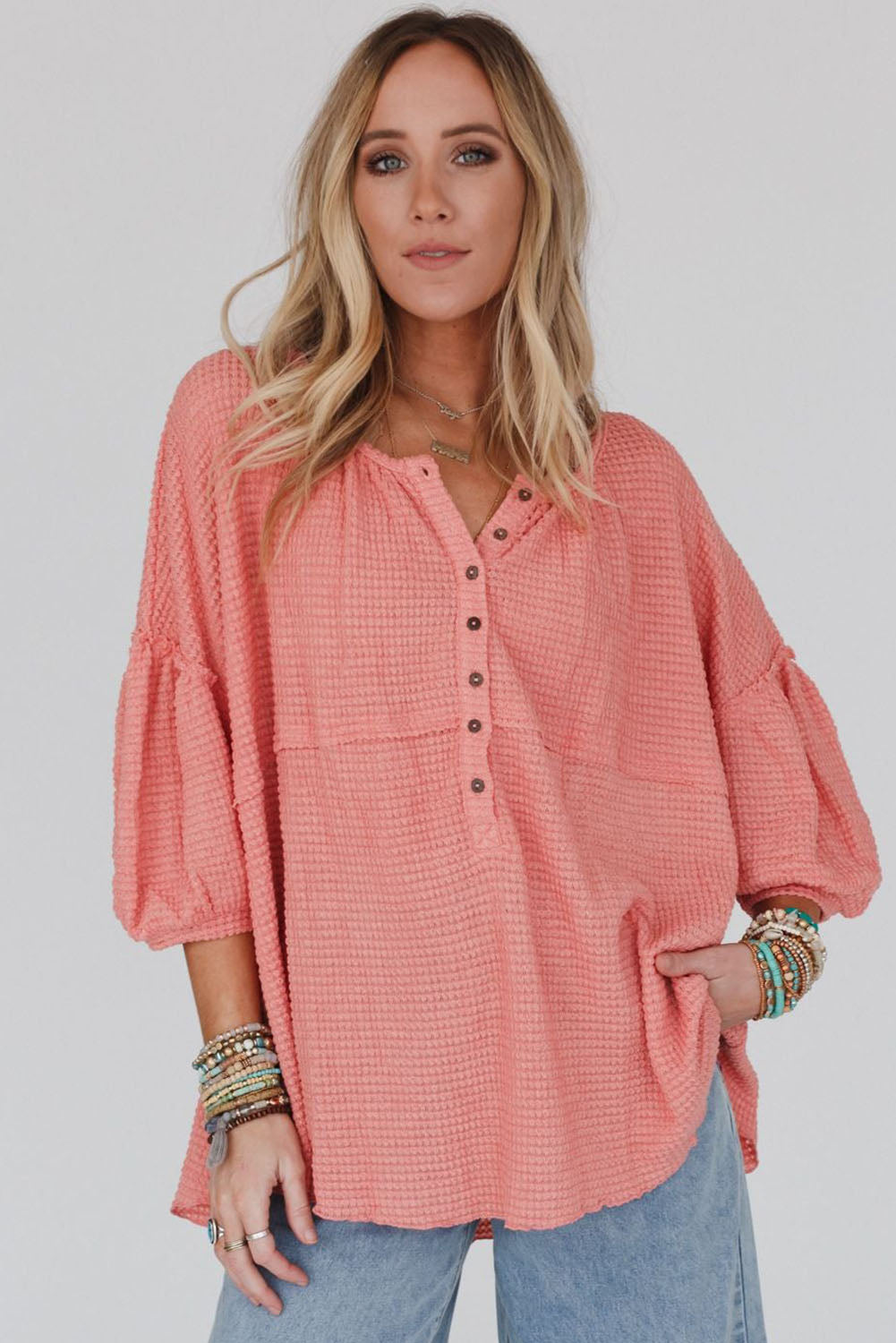 Pink Waffled Bracelet Sleeve Oversized Henley Top