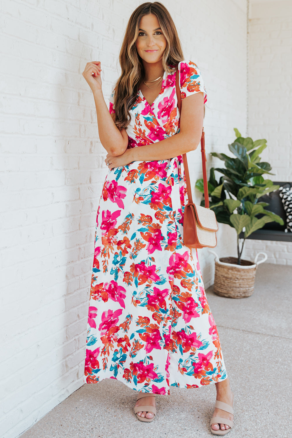 Rose Wrap V Neck Short Sleeve Floral Maxi Dress