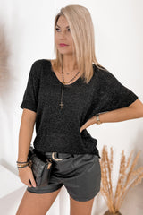 Black Plain Short Sleeve V Neck Knitted Top