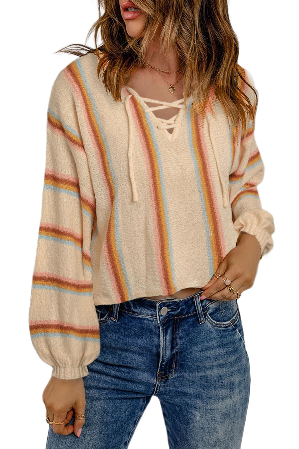 Beige Lace up V Neck Striped Knit Sweater