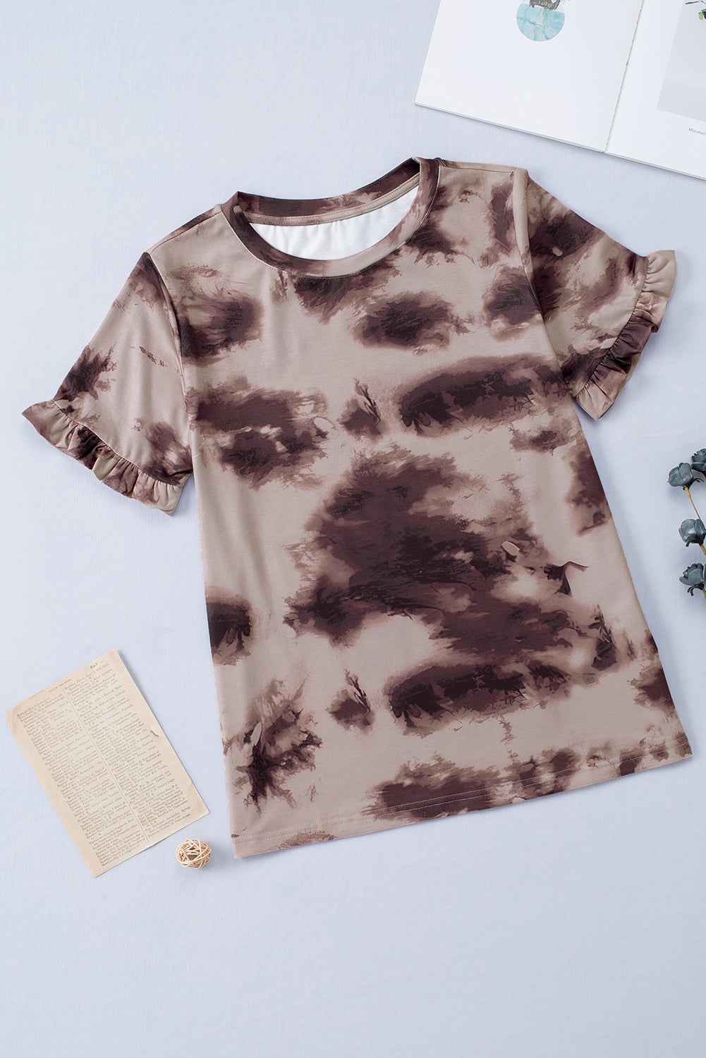 Brown Vintage Tie Dye Ruffled Sleeve T Shirt