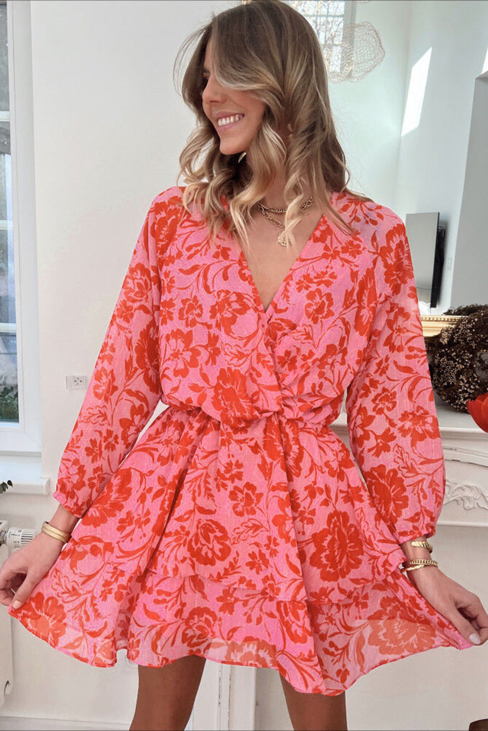 Red Floral Ruffle Layered Puff Sleeve Surplice Dress