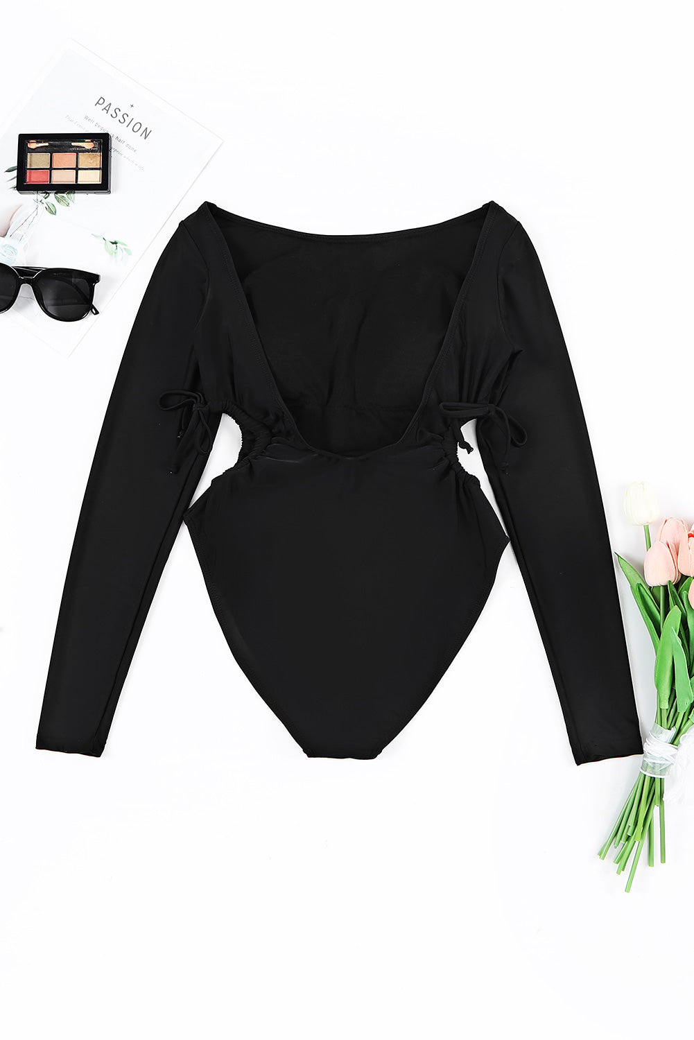 Black Drawstring Waist Cut-out Long Sleeve One Piece Swimsuit