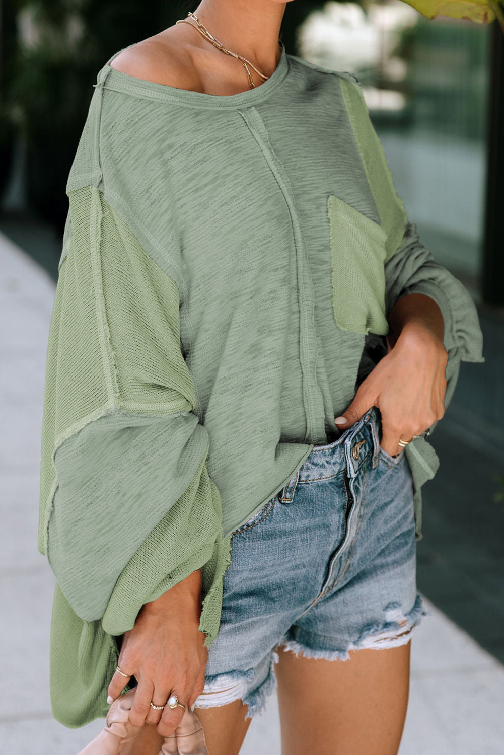 Green Exposed Seam Chest Pocket Loose Sleeve Oversized Top