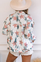 White Stars Tie Dye Print Buttoned Denim Jacket