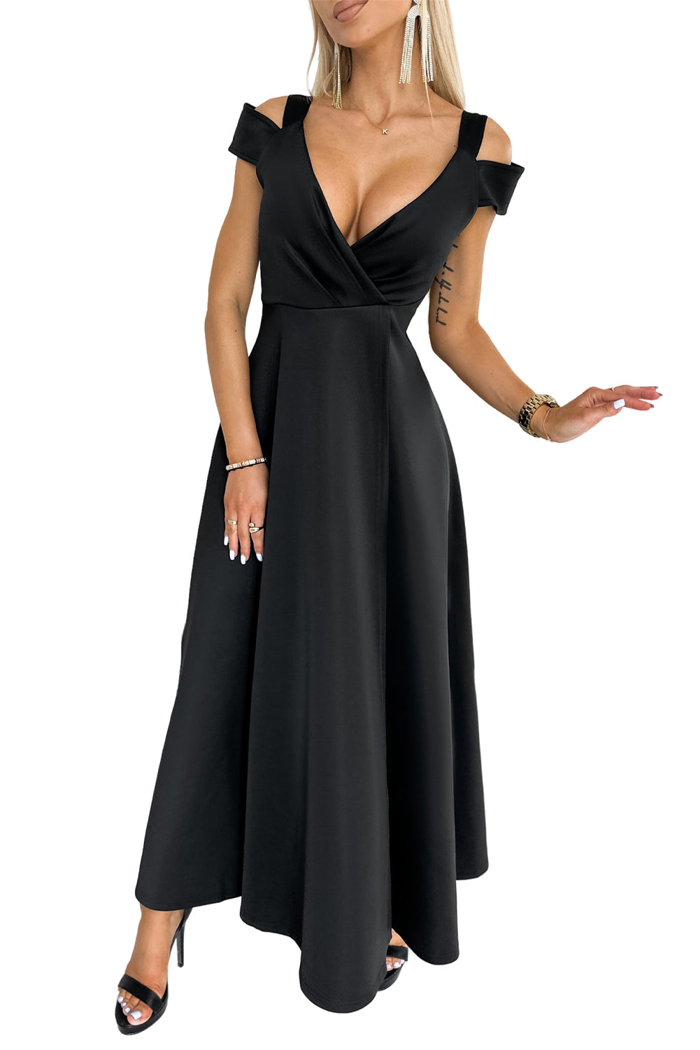 Black Cold Shoulder Ruched V Neck High Slit Dress