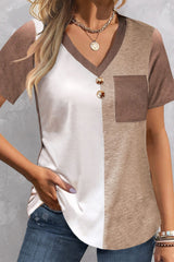 Khaki Color Block Patchwork Button V Neck T-shirt