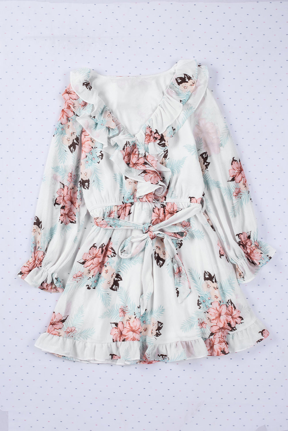 Ruffled V Neck Long Sleeve Floral Dress