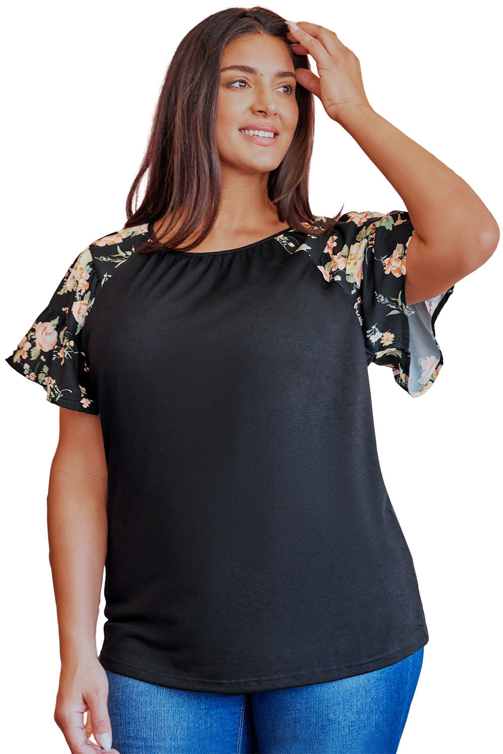 Black Floral Ruffle Sleeve Plus Size Top