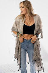 Khaki Printed Border Tassel Trim Slit Kimono