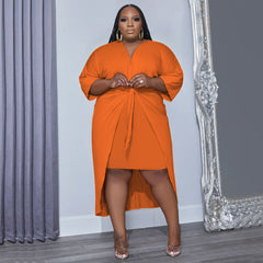 Plus Size Women Clothes Sexy Sheath Mid-Length Sleeve V-neck Lace-up Sheath Dress