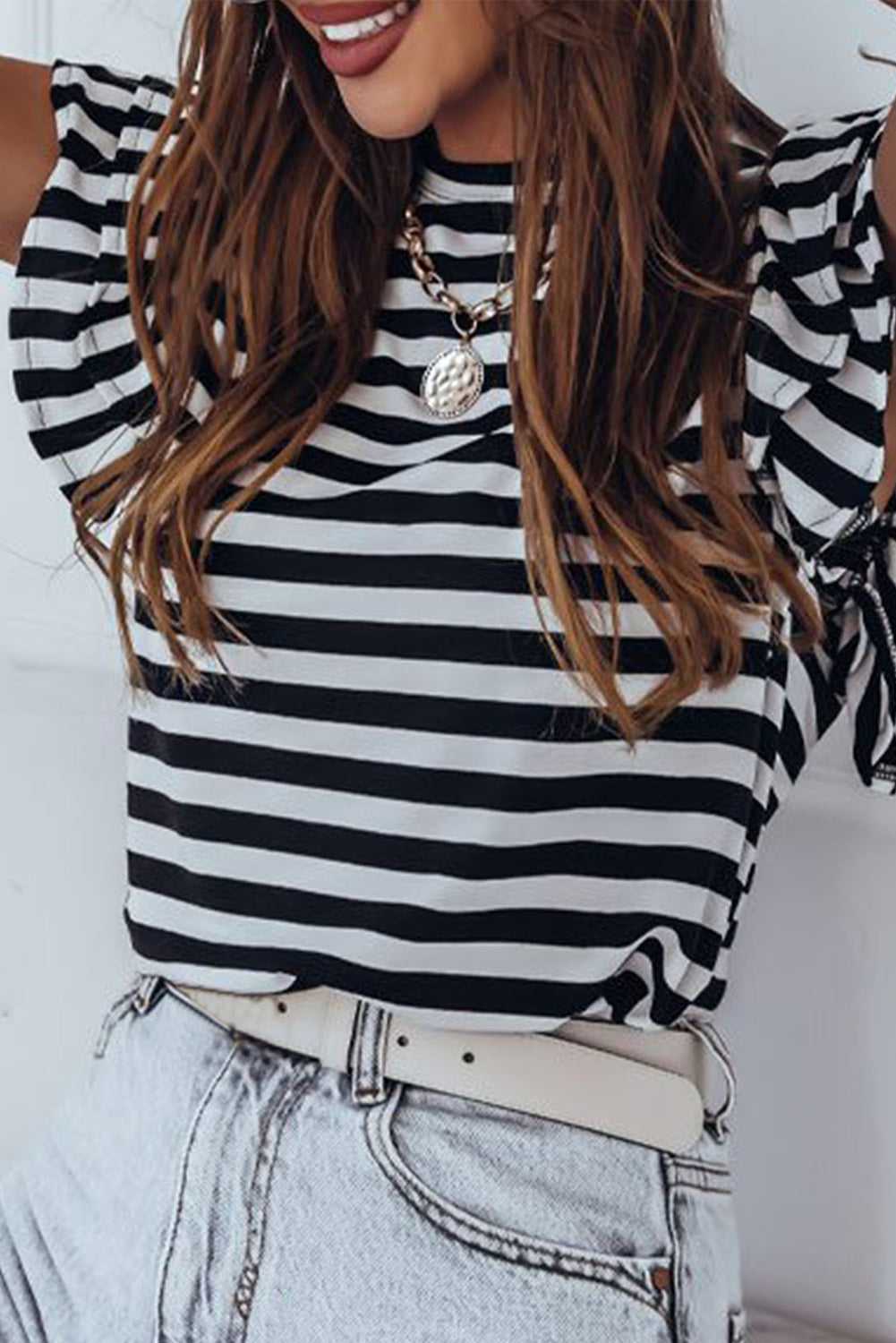 White Stripe Print Tiered Ruffled Sleeve Tee